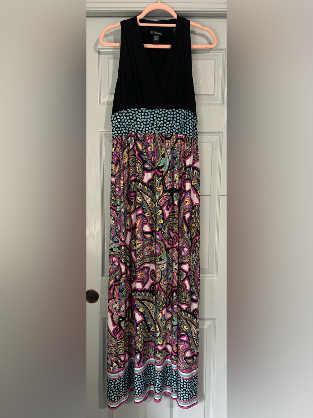 Black Bodice Paisley Maxi Dress with Teal Accent